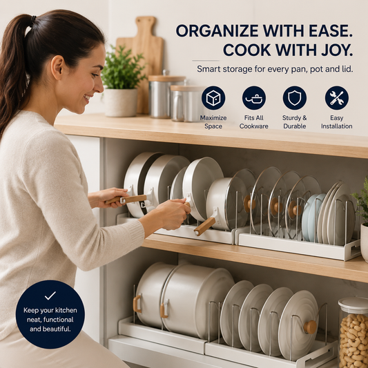 Expandable Under-Cabinet Sliding Cookware Organizer – Space-Saving Pot & Pan Rack